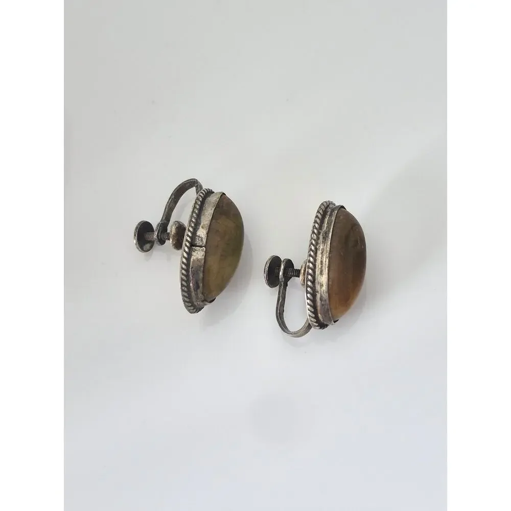 Vintage Sterling Silver Tiger Eye Oval Screw On Earrings